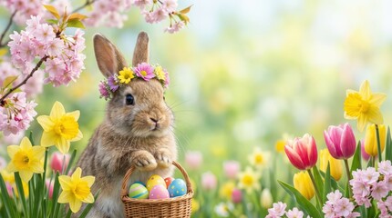 Easter celebration with a cute bunny spring garden nature photography colorful flowers close-up view joyful atmosphere in blooming landscape