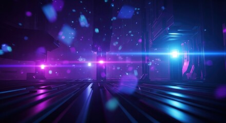 Futuristic digital cityscape with glowing neon light and particle effects