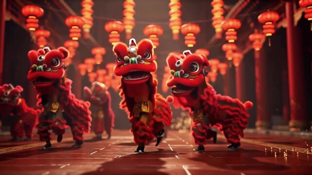 motion traditional Chinese lion dance performance, vibrant red gold lion costume, dancers leaping spinning, festive red lanterns hanging soft focus bokeh, cinematic warm lighting smoke firecracker