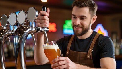 Male bartender with brown hair, wearing an apron, is pouring a draft beer into a glass at a lively bar, showcasing the art of beverage service and hospitality