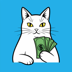 Obraz premium Playful white cat cartoon character holding a fan of green dollar banknotes, symbolizing financial prosperity, savvy investment, and wealth management in a vibrant, modern vector illustration style