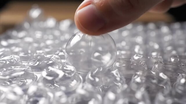 Close Up Of A Person's Finger Pressing A Clear Bubble On Plastic Packaging Material With A Wooden Background In Soft Natural Light