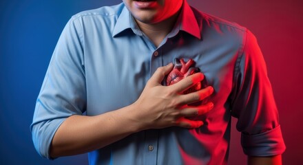 Chest pain heart pain man holding medical emergency cardiac arrest A distressed man clutching his chest with pained expression under dramatic red and blue lighting suggesting