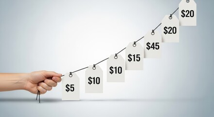 Growth five dollars ten dollars fifteen dollars price increase showing ascending price tags on a string held by a hand conveying optimistic business momentum