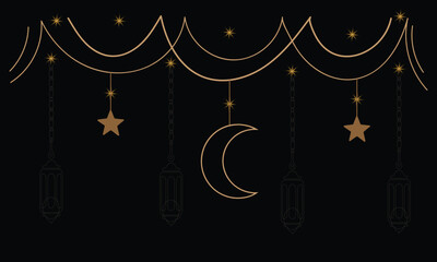 golden ramadan Kareem, Eid Mubarak Greeting Line icon minimal and simple vector design with beautiful Glowing Lantern and elegant crescent moon star on dark background or Banner.
