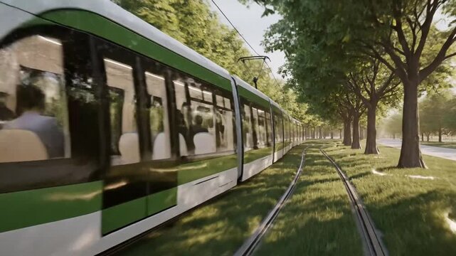 Modern tram traveling through green landscape on rails