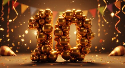 Golden "10" made of spheres amidst confetti, streamers, and celebratory backdrop