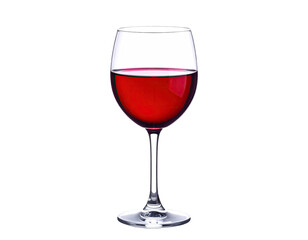 A clear glass of red liquid sits against a stark, black background. The image is clean