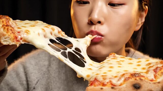 Close Up of a Young Woman Enjoying a Delicious Slice of Hot Melted Cheese Pizza Against a Dark Background with Soft Warm Lighting