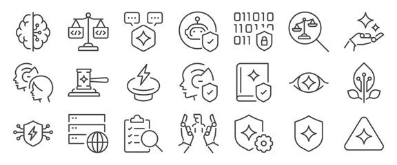 AI Ethics & Safety icon set. It included Privacy, AI Governance, AI Regulation, digital, and more icons. Editable Vector Stroke.
