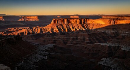 Golden sunlight bathes a vast canyon landscape with layered rock formations at dusk