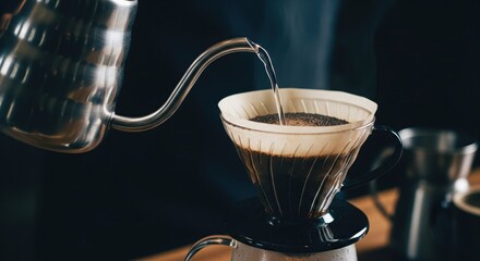 Hot water being poured from a gooseneck kettle over coffee grounds in a filter cone