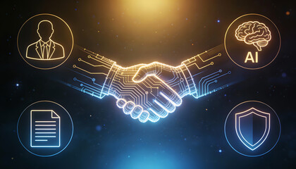 cinematic digital illustration of a glowing circuit handshake between a human and robot with icons for artificial intelligence data security profile and document compliance