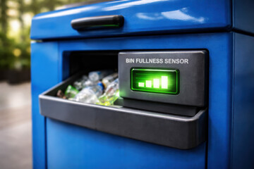 Bin fullness sensor green indicator illuminated bar display to monitor waste level reassuring efficient recycling and container management for public space maintenance
