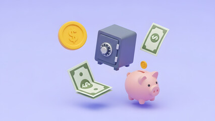Money savings concept with safe, piggy bank, and floating cash