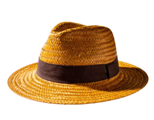 A sun hat made of woven straw, featuring a brown band and a classic fedora silhouette