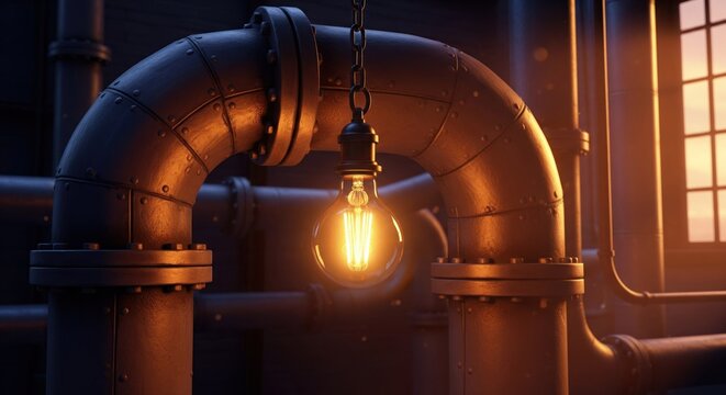 Industrial pipes surround a glowing Edison bulb, warm light against a dim interior - Powered by Adobe