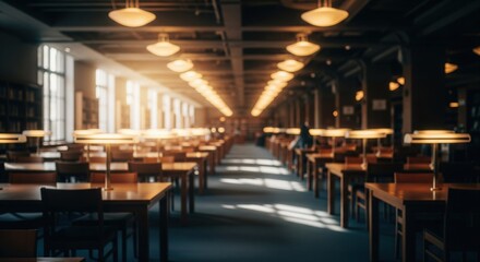 Interior view of a library, with long rows of desks under warm lighting, and sunlight