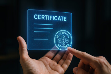 Certification verification security trust authentication validation A pair hands hold a holographic certificate displaying a verified seal conveying confidence and credibility in