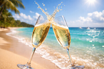Celebration joy party romance Toast champagne glass on a sunny tropical beach with splash and sunlight creating festive carefree holiday atmosphere