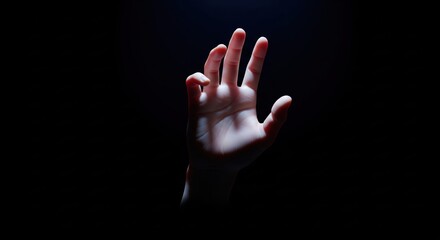 Lit hand reaches upward from darkness, fingers slightly curled, bathed in ethereal light