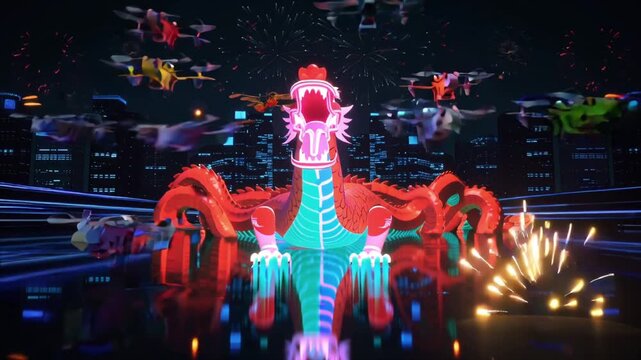 Chinese dragon performing night misty river, floating lanterns glowing warm orange red hues, ethereal fog rising water distant fireworks, reflections shimmering cinematic 4K graceful mystical festival