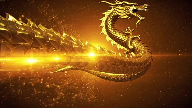 Full-body gold dragon flying space, cosmic background stars planets, shimmering golden scales, slow-motion elegant flight, stardust trails, breathing molten-gold starlight 3D rendering, cinematic 4k