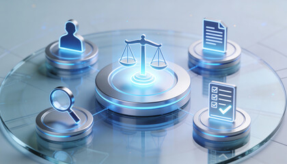cinematic digital illustration of a futuristic digital legal review platform featuring a glowing blue justice scale surrounded by icons for profile document and checklist