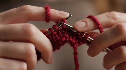 Close up of skilled hands knitting with rich red yarn and metallic needles creating a textured fabric with soft warm lighting