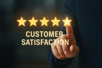 Customer satisfaction five star rating glowing gold star selection with hand gesture conveying positive feedback and success