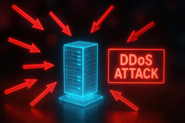Ddos attack server network cybersecurity threat A holographic server bombarded by red arrows with a flashing DDoS ATTACK warning evoking urgent digital crisis