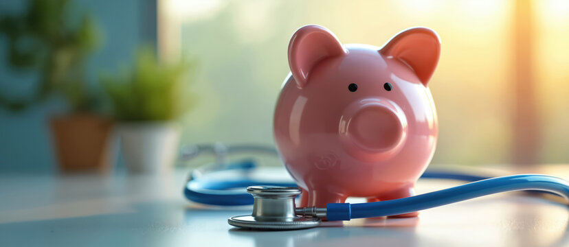 Pink piggy bank with stethoscope implies financial wellness check. Saving money for medical needs or future planning. Home or office table setup.