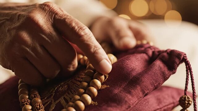 Close up of weathered hands carefully counting wooden prayer beads from a rich burgundy pouch with intricate gold thread details softly illuminated by warm bokeh lights in a serene atmosphere