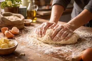Obraz premium Dough hand knead flour butter egg Hands knead rustic dough on a floured wooden table creating warm homemade bread with comforting aroma and focused craftsmanship