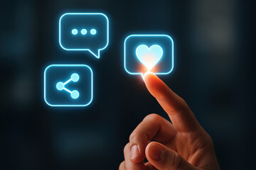 Engagement like share comment hologram interaction with glowing heart icon above a hand to touch conveying social connection and positive reaction