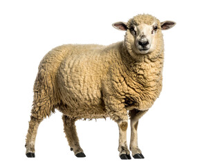 Fototapeta premium A fluffy, beige sheep standing with a focused gaze and a cut-out background