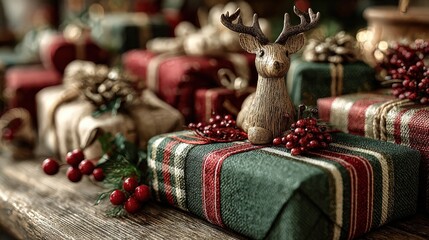 Decorations and gifts arranged for a holiday celebration with a wooden reindeer and festive greenery on display in winter setting