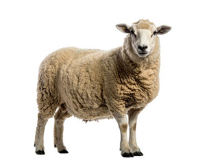 Fototapeta premium A side-on view of a sheep, its fur is a light beige against a transparent background