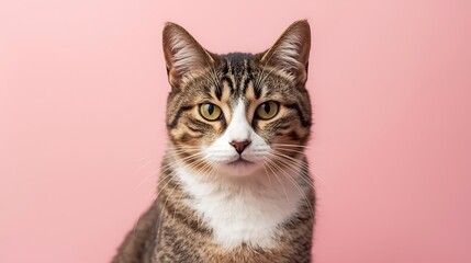 Obraz premium Cute tabby cat with white markings on pink background
