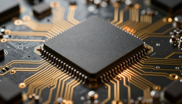 Close up view of a detailed computer processor chip and circuitry with golden conductive pathways