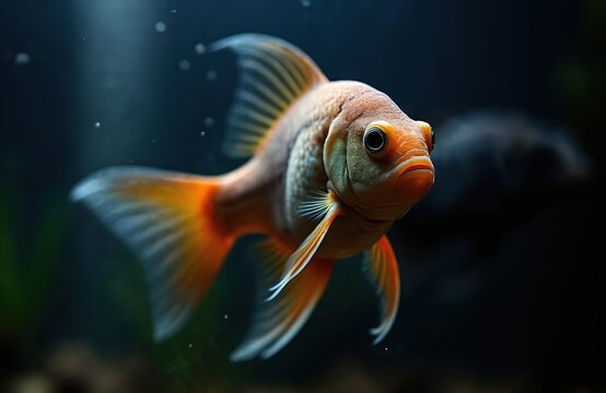 Sick goldfish with damaged tail fins swims in aquarium. This fish needs quarantine and medical treatment. Disease symptoms observed. Pet care concept.