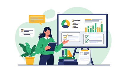 Businesswoman presenting data on a large screen with charts.