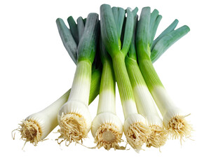 A bundle of fresh, organic leeks isolated against a transparent background