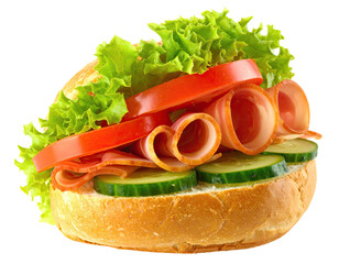A vibrant sandwich, showcasing fresh ingredients, is artfully assembled on a white background