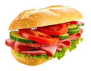 Close-up of a sub sandwich with layers of meat, tomatoes, cucumber, and lettuce