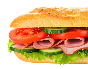 Close-up of a sub sandwich, showcasing layers of fresh vegetables, meat, and bread