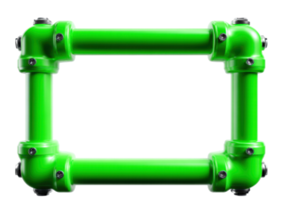 Green pipe frame structure with bolted joints on black background