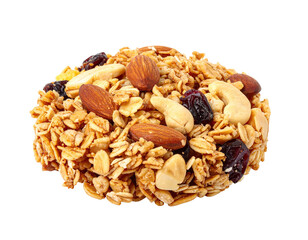 A close-up view of a baked granola snack, filled with various nuts, seeds, and dried fruit