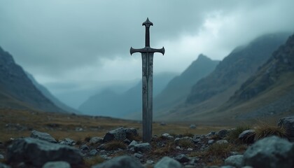 Obraz premium Ancient sword planted in rocky ground amid misty mountains. A symbol of viking past. Epic saga scene setup for adventure or historical drama.