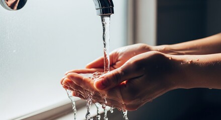 Person cupping hands under running water from a chrome faucet, soft light